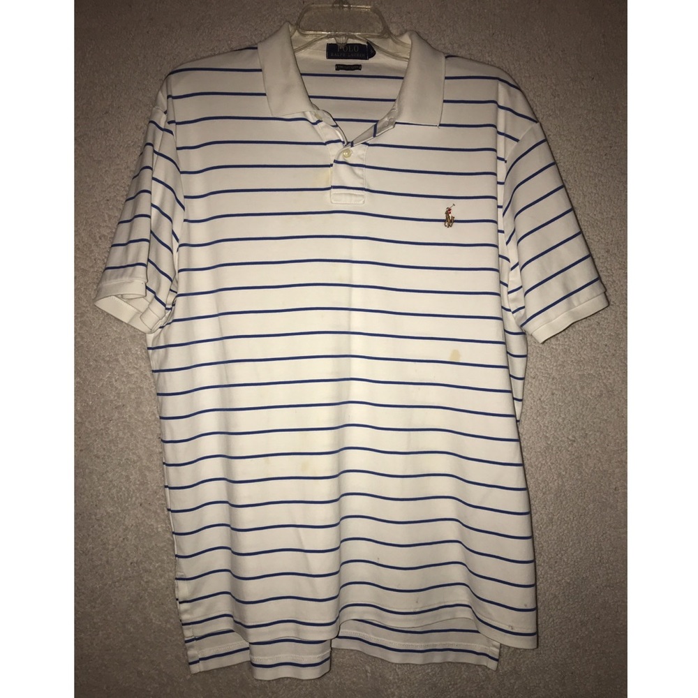 White polo with navy stripes